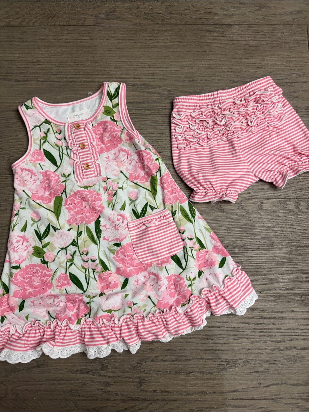 SweetHoney Pink Floral Tank Dress with Pink Striped Ruffle Bloomers